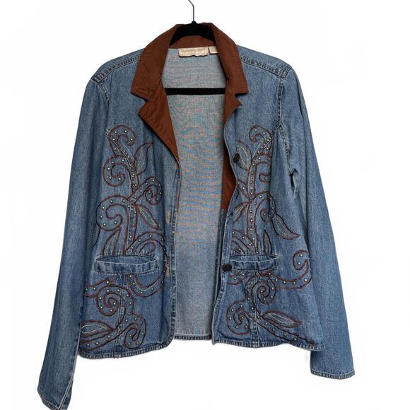 Jackets & Blazers - Vintage Western Embroidered Denim Jacket with Brown Collar